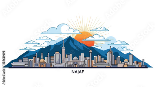 Stylized flat design illustration of a vibrant cityscape with towering buildings and majestic mountains under a radiant sun, ideal for global travel or urban planning designs