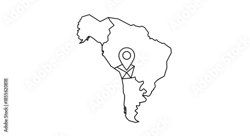 Outline map of South America with a location pin icon placed over the central region for travel destination and navigation concepts.