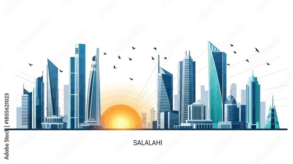 Fototapeta premium Stunning vector illustration of a contemporary urban skyline featuring towering skyscrapers against a vibrant sunrise or sunset backdrop, with elegant birds in flight