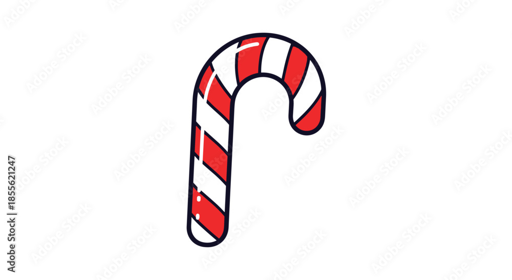 Obraz premium Single Christmas candy cane with red and white stripes illustrated in a simple hand-drawn style on white background for holiday design.