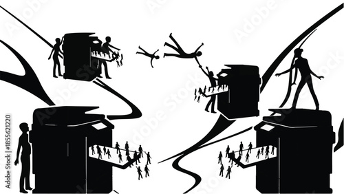 Abstract surreal scene of small figures interacting with giant pianos, some playing, others falling.