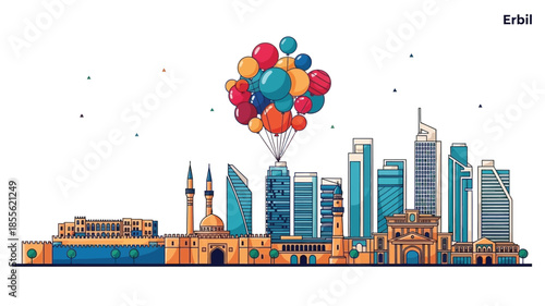 Erbil city skyline with colorful balloons floating above a modern architectural landscape