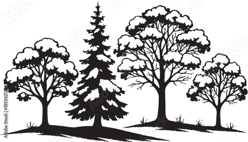 Winter forest landscape trees silhouettes snow season