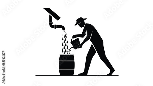 Farmer collecting rainwater in a barrel with a watering can for sustainable agriculture.