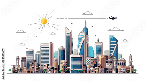 Vibrant Cityscape Illustration Showcasing Modern Architecture and Urban Life Under a Bright Sunny Sky