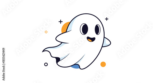 Adorable cartoon ghost character floating happily through the air with stars and colorful circle shapes on a white background.