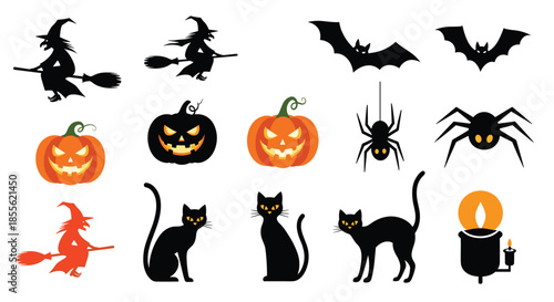 Comprehensive set of spooky Halloween themed vector icons including witches pumpkins black cats bats spiders and a boiling cauldron.
