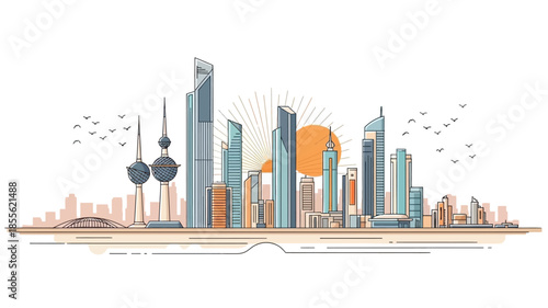 Striking line art illustration of a dynamic modern metropolis skyline with towering skyscrapers and a vibrant sun, showcasing urban development and architectural grandeur against a clean background