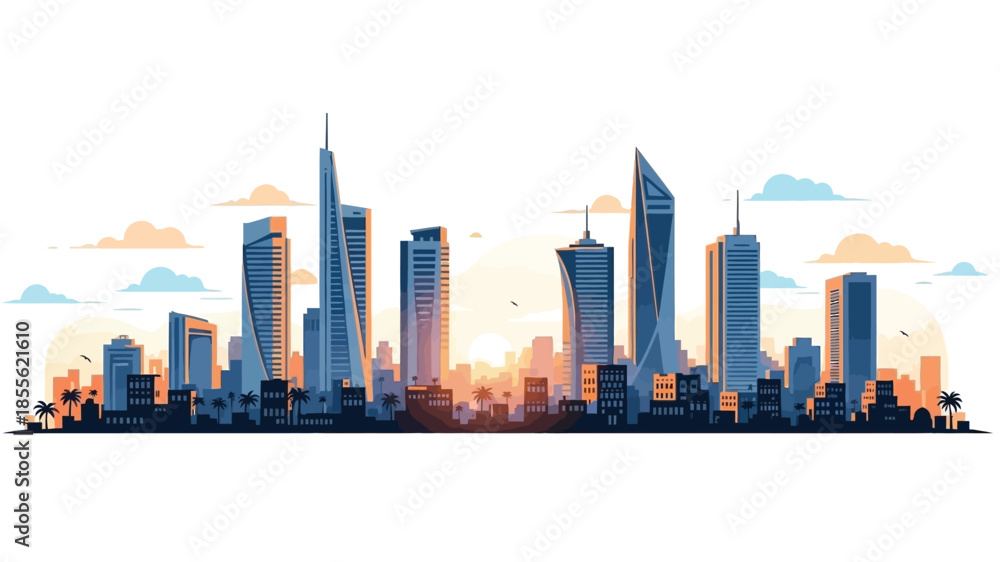 Fototapeta premium Striking panoramic illustration of a modern city skyline at sunset, featuring sleek architectural towers and a gradient sky, symbolizing urban development and future prospects
