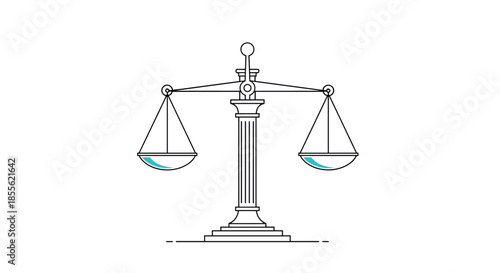 Scales of justice icon illustrated in thin line style with teal accents on white background for legal law and courtroom theme concepts.