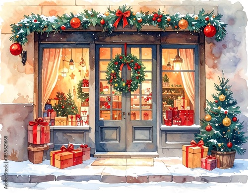 Cozy watercolor shopfront decorated for the Christmas season