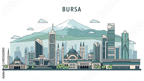 Bursa, Turkey, cityscape depicted in modern line art vector. Showcases historical landmarks and the prominent Uludag mountain, ideal for travel and tourism projects