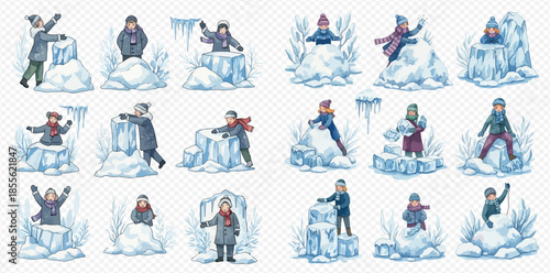 Set of children playing with snow and ice sculptures, enjoying winter activities outdoors.