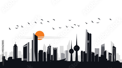 Modern Cityscape Silhouette with Flying Birds and Sunset Sun Vector