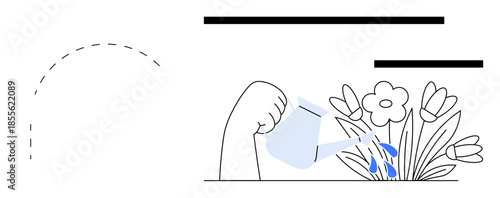 Gardening, sustainability, growth, care, nurturing, environment. A hand reaches out, watering blooming flowers from a watering can. Growth and sustainability ideas through nurturing nature