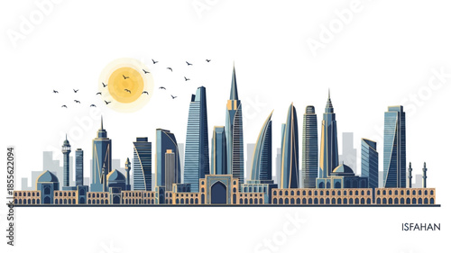 Detailed vector illustration of a unique city skyline, blending contemporary skyscrapers with traditional architecture and domes, set under a bright sky with flying birds