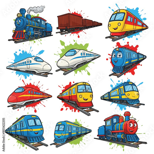 Colorful cartoon train locomotives and cars.