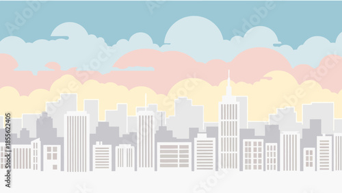 Skyline Silhouette: A tranquil panorama of a cityscape unfolds, where the silhouettes of skyscrapers reach towards a soft pastel sky, creating a modern illustration