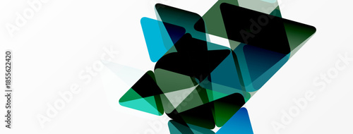 Abstract geometric shapes overlap, creating dynamic composition. Teal, green, black hues dominate white background. Modern design element.
