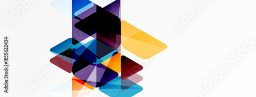 Abstract geometric shapes overlap, creating vibrant color blends. Composition feels modern, dynamic, visually interesting.