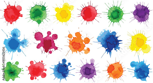 Collection of vibrant watercolor paint splatters and ink blots 