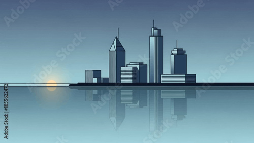 Cityscape Reflection: A modern city skyline elegantly mirrored in tranquil water, bathed in the soft hues of dawn. Showcasing architectural design with an emphasis on symmetry and reflection.