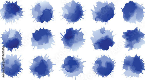 Set of Blue Watercolor Ink Splatters 