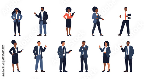 Diverse group of black business professionals standing in confident poses wearing stylish suits and office attire for corporate branding.