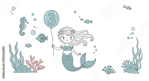 Cute mermaid swimming underwater with sea creatures and a balloon shaped like the number three for a third birthday party celebration.