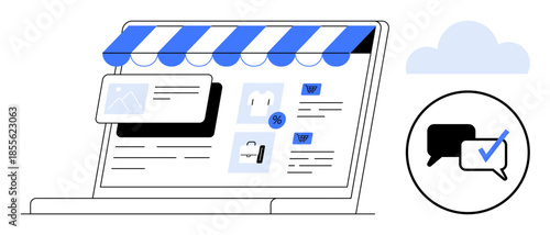 Laptop with a storefront awning, product thumbnails, discount badge, customer reviews, and speech bubbles. Ideal for e-commerce, digital business, online marketing, sales customer engagement