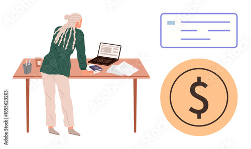 Woman leaning over desk with laptop, documents, and cards, symbolizing financial planning, payment processing, and digital transactions. Ideal for finance, business, technology budgeting banking