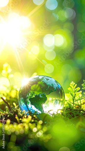 A glass Earth rests in lush green moss illuminated by brilliant sunlight creating a vibrant, hopeful natural scene.