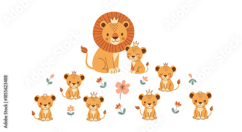 Adorable lion king with his many lion cubs surrounded by simple colorful flowers in a sweet wildlife family illustration for children.