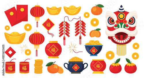 Festive Chinese New Year design elements including red lanterns firecrackers golden coins and a traditional lion dance head on white.