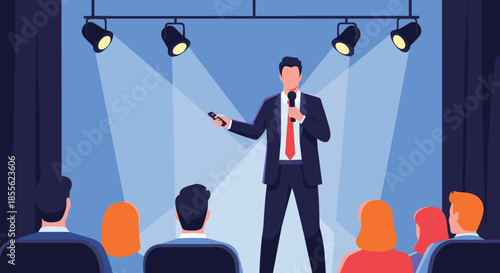 Professional male speaker delivering a presentation on stage under bright spotlights with a microphone in hand for a corporate event.