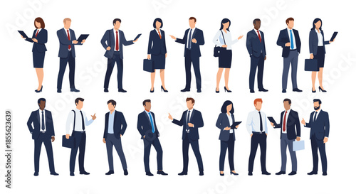 Diverse group of business people standing in rows wearing formal suits and professional attire for a corporate team portrait layout.