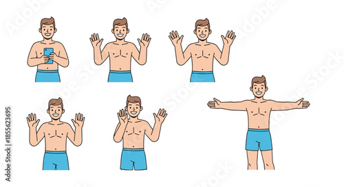 Set of illustrations showing a young man in blue swim trunks in different active poses such as waving holding a phone and gesturing.