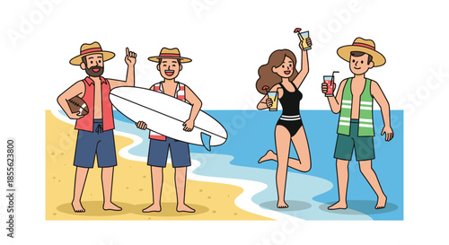 Group of cheerful friends enjoying a summer day at the beach with a surfboard a football and refreshing cocktails under a sunny sky.