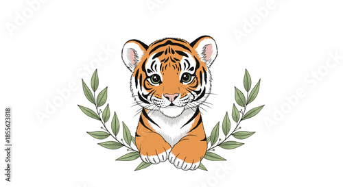 Portrait of a cute baby tiger cub with large green eyes framed by green olive branches against a clean white background for nursery art.