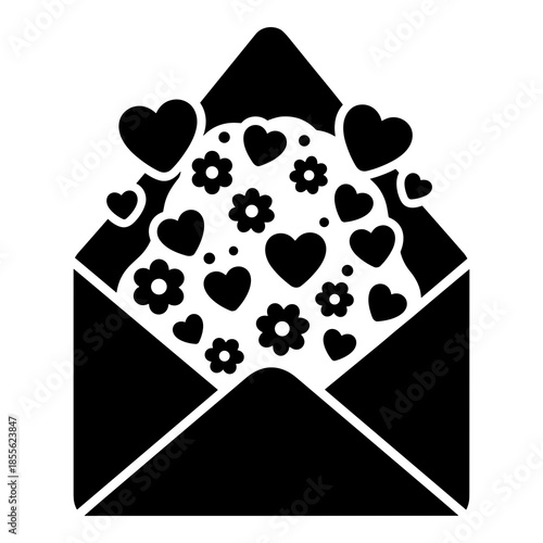 Open envelope overflowing with hearts and flowers symbolizes romantic love letter delivery