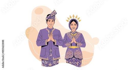 Couple dressed in traditional purple Southeast Asian wedding attire with intricate gold embroidery and traditional headwear posing together.