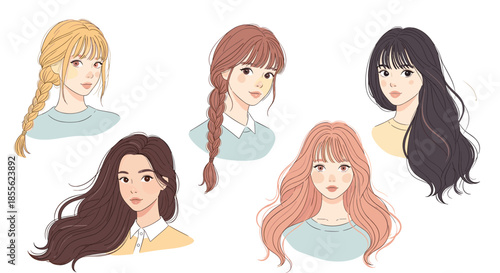 Illustration showing different female hairstyles and hair colors including braids waves and long styles for a beauty and fashion concept.