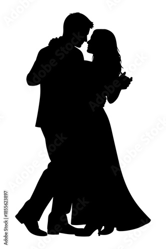 Silhouette of a romantic couple dancing closely together at a formal event or wedding