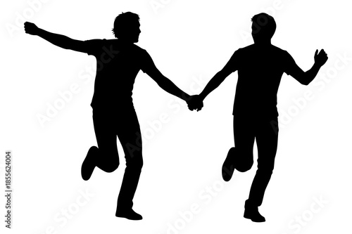 Two joyful men running together holding hands as a black silhouette graphic