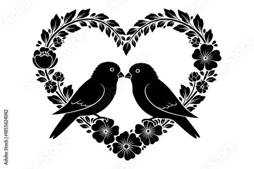 Black silhouette of two lovebirds kissing inside a detailed floral heart frame