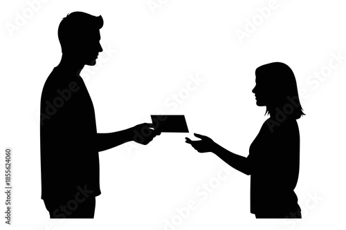Silhouette of man handing small rectangular object to woman against white background