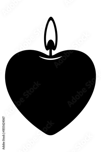 Black silhouette of a heart shaped candle burning brightly with a small flame