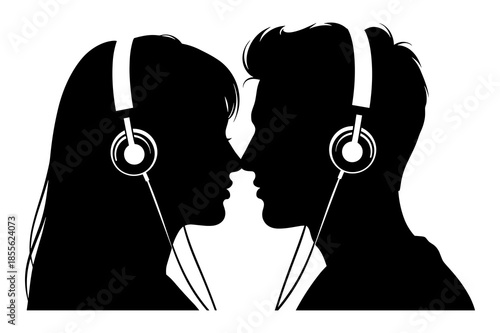 Silhouette of couple sharing music through wired headphones in close proximity