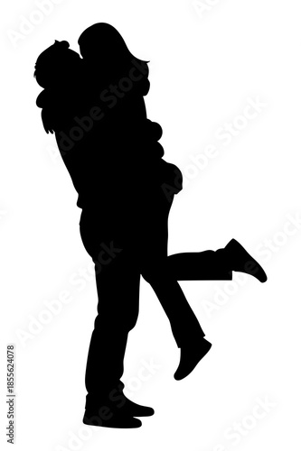 Silhouette of a loving couple embracing tightly with one partner lifted off the ground