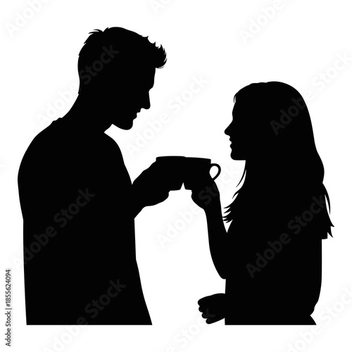 Silhouette of a man offering a cup to a woman in a romantic gesture